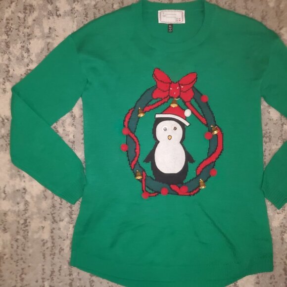 Ugly Christmas Sweater Penguin Christmas Green Sweater Size XL - Picture 2 of 15